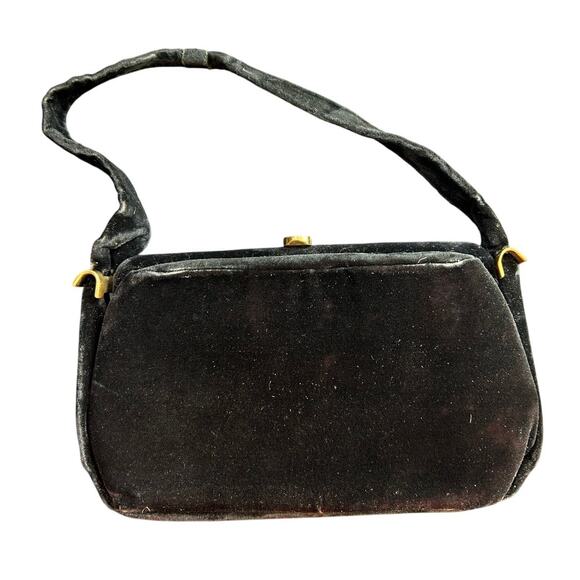 Vtg Crushed Velvet Bag- Black some wear- gold clasp- top handle evening bag - Picture 3 of 5